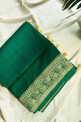 Green Dola Silk Saree with Full Sleeved Readymade Handworked Blouse