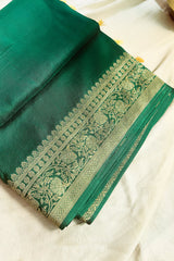 Green Dola Silk Saree with Full Sleeved Readymade Handworked Blouse