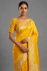 Yellow Tissue Silk Saree with Readymade Blouse - yellow silk saree