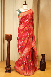 Red Banarasi Silk Meenakari Woven Saree - red silk saree
