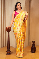 Yellow Banarasi Silk Real Zari Kadva Woven Saree