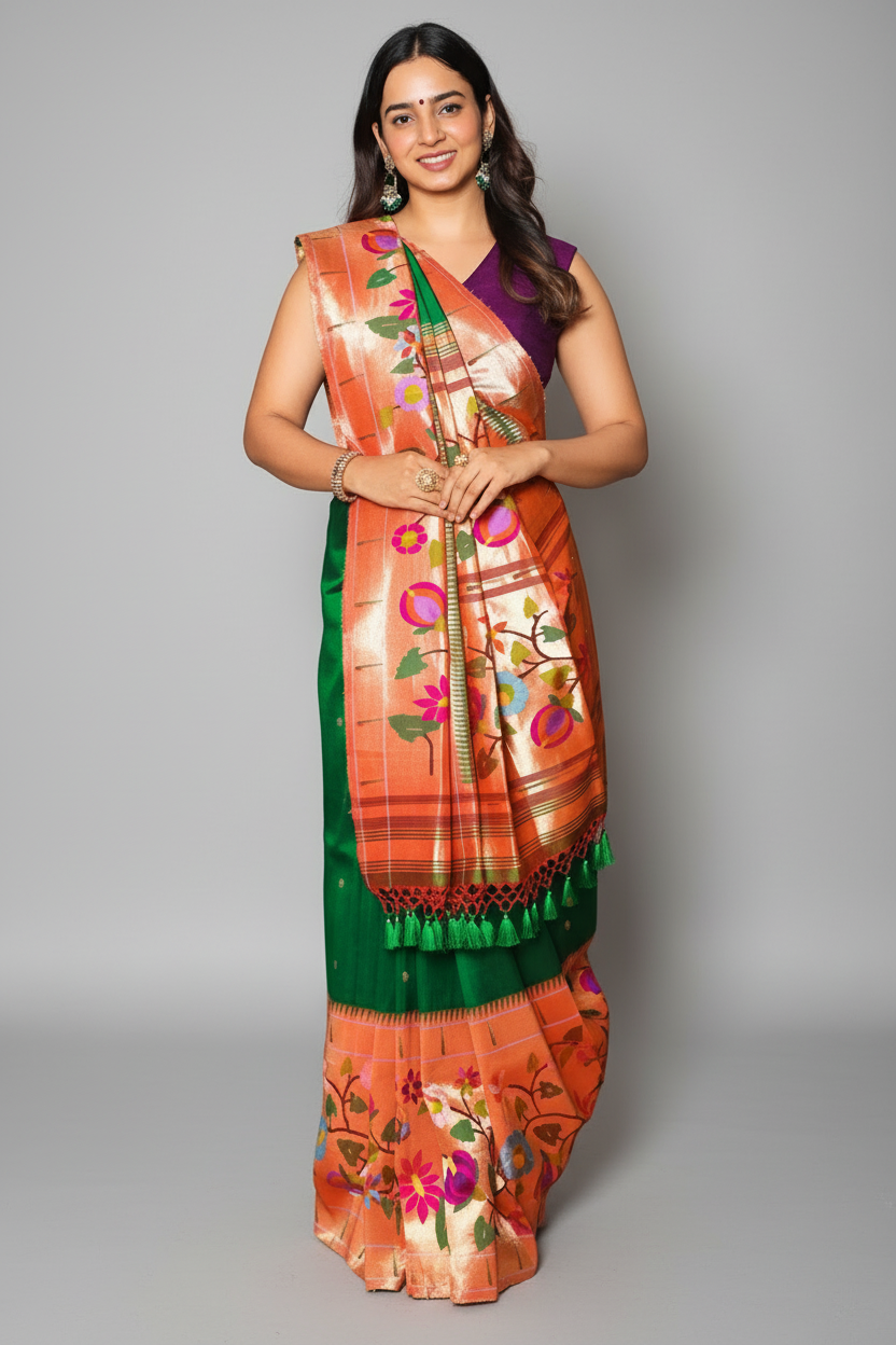 Green Silk Traditional Saree with Paithani Border and Pallu - green silk saree