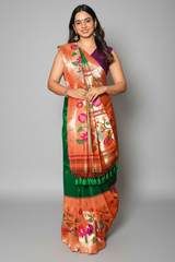 Green Silk Traditional Saree with Paithani Border and Pallu - green silk saree