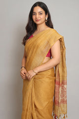 Yellow Linen Floral Printed Saree