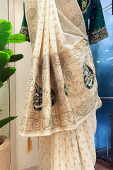 Off White Dola Silk Woven Saree with Beads Zardosi Work and Readymade Blouse