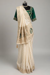 Off White Dola Silk Woven Saree with Beads Zardosi Work and Readymade Blouse