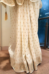 Off White Dola Silk Woven Saree with Beads Zardosi Work and Readymade Blouse