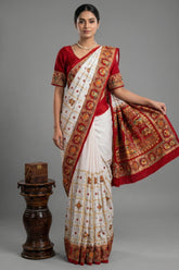 Pearl White Gaji Silk Bridal Panetar Saree with Embroidery - white silk saree embroidery
