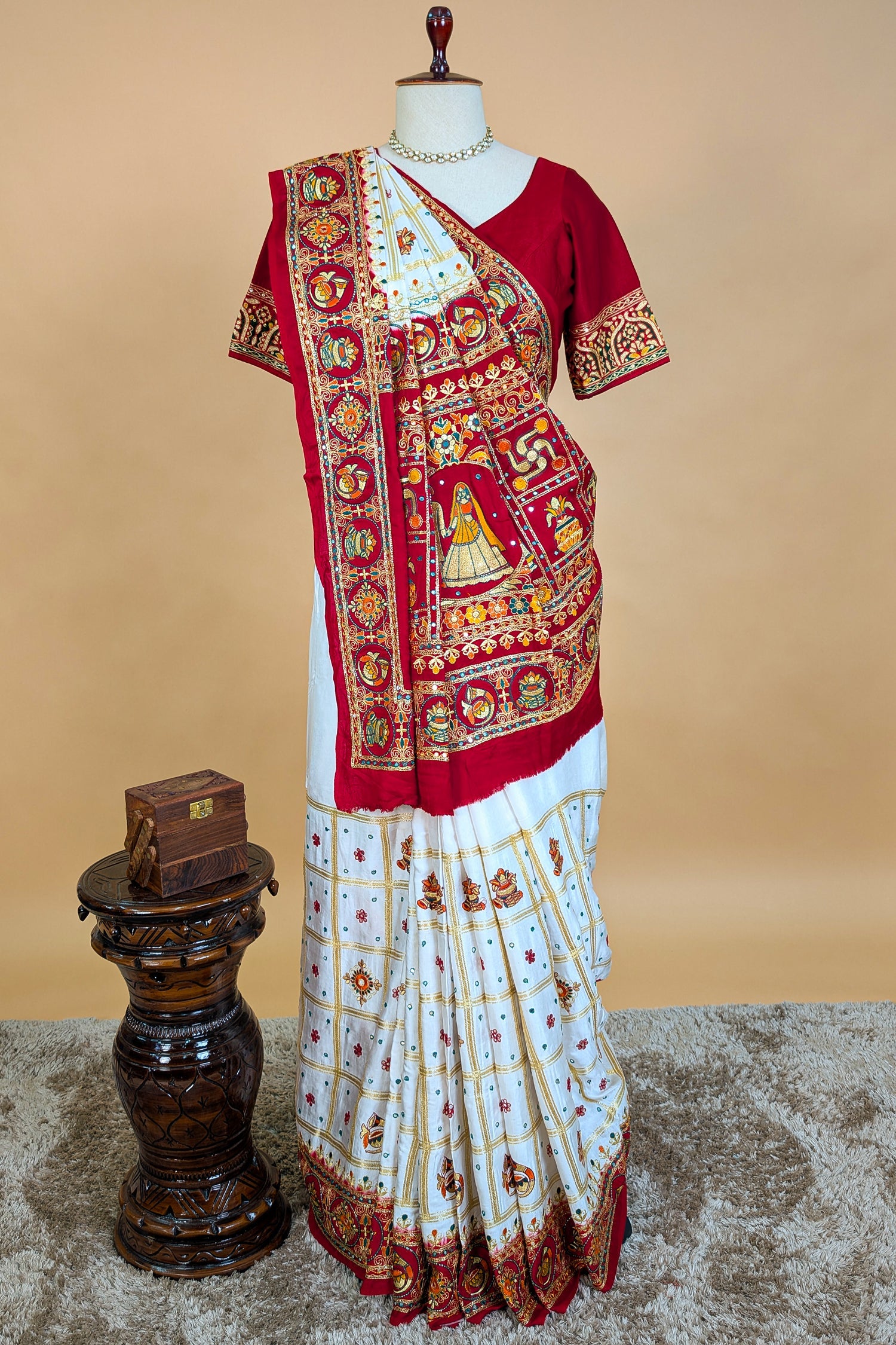 Pearl White Gaji Silk Bridal Panetar Saree with Embroidery - white silk saree embroidery