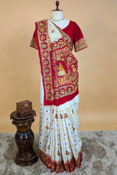 Pearl White Gaji Silk Bridal Panetar Saree with Embroidery - white silk saree embroidery