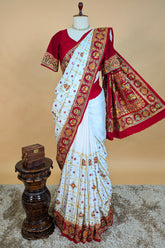 Pearl White Gaji Silk Bridal Panetar Saree with Embroidery