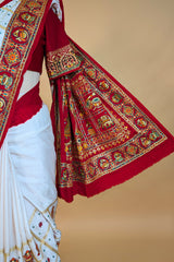 Pearl White Gaji Silk Bridal Panetar Saree with Embroidery