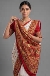 Pearl White Gaji Silk Bridal Panetar Saree with Embroidery - white silk saree embroidery