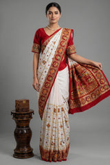 Pearl White Gaji Silk Bridal Panetar Saree with Embroidery - white silk saree embroidery