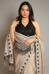 Taupe Organza Cutdana Beaded Saree with Heltar Neck Blouse