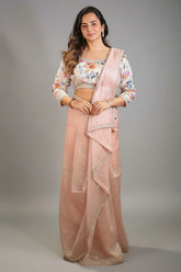 Dusty Pink Organza Sequin Worked Saree with Floral Printed Full Sleeve Blouse