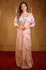 Dusty Pink Organza Sequin Worked Saree with Floral Printed Full Sleeve Blouse