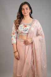 Dusty Pink Organza Sequin Worked Saree with Floral Printed Full Sleeve Blouse