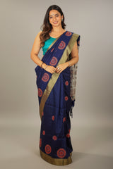 Navy Blue Cotton Silk Warli Thread Embroidered Saree