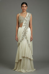 Pearl White Imported Layered Fish Cut Pre Draped Lehenga Saree