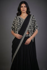 Black Chinon Silk Pre Drape Lehenga Saree with Sequin Cutdana Worked Poncho Cape - black silk saree