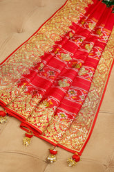 Green and Red Silk Traditional Patola Saree with Zardosi and Beads Work - red silk saree patola