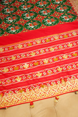 Green and Red Silk Traditional Patola Saree with Zardosi and Beads Work