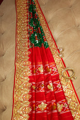 Green and Red Silk Traditional Patola Saree with Zardosi and Beads Work - red silk saree patola