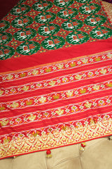 Green and Red Silk Traditional Patola Saree with Zardosi and Beads Work