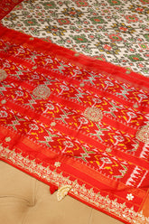 Off White Silk Traditional Patola Saree with Gota Work - white silk saree patola