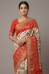 Off White Silk Traditional Patola Saree with Gota Work - white silk saree patola