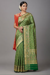 Green Banarasi Silk Floral Meenakari Woven Saree - green silk saree