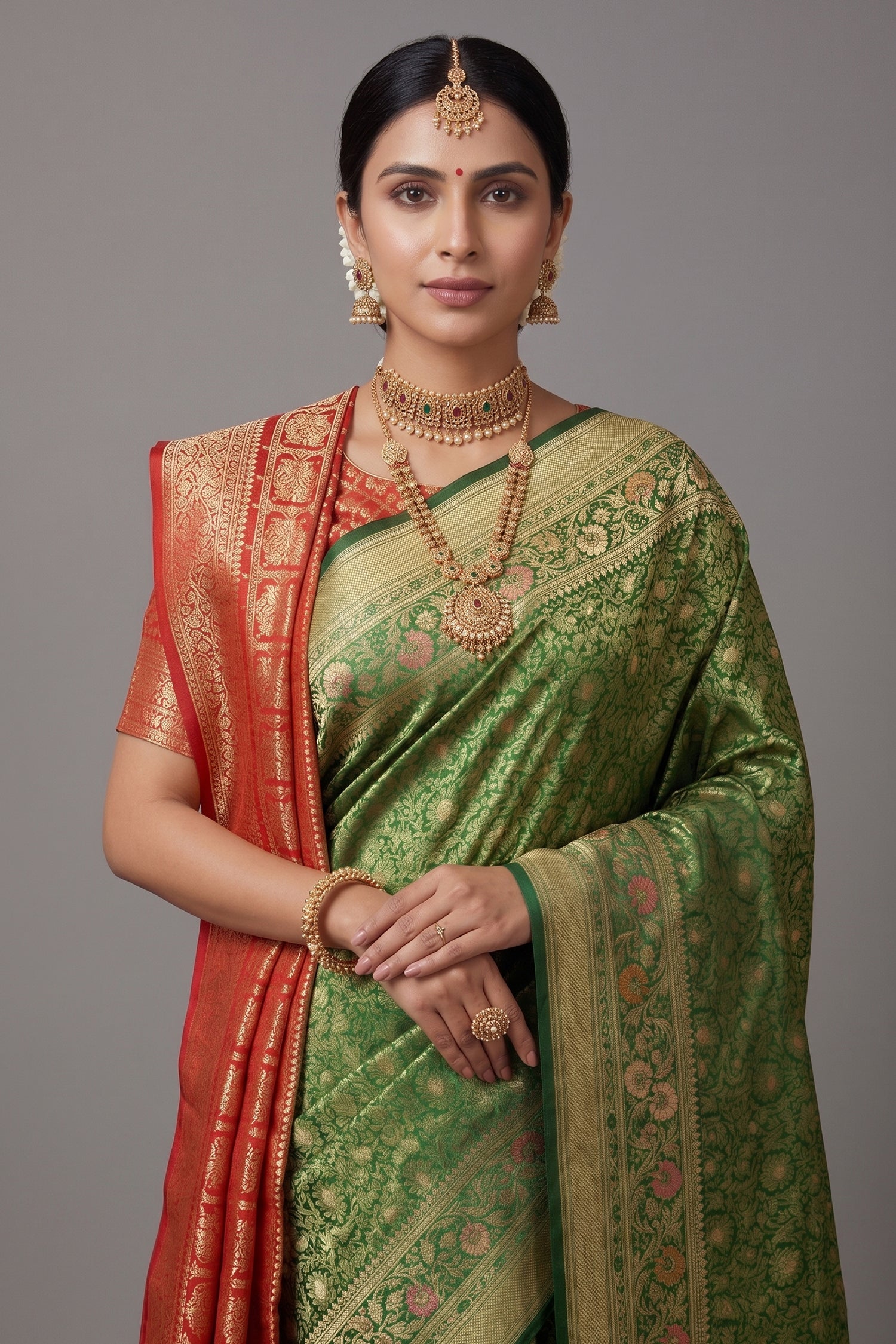 Green Banarasi Silk Floral Meenakari Woven Saree - green silk saree