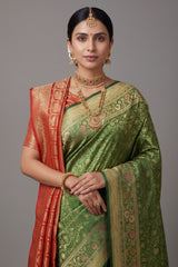 Green Banarasi Silk Floral Meenakari Woven Saree - green silk saree