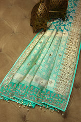 Sea Green Banarasi Silk Traditional Floral Woven Saree with Gota Beads Work - green silk saree