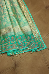 Sea Green Banarasi Silk Traditional Floral Woven Saree with Gota Beads Work - green silk saree