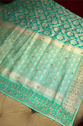 Sea Green Banarasi Silk Traditional Floral Woven Saree with Gota Beads Work - green silk saree