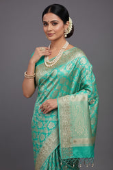 Sea Green Banarasi Silk Traditional Floral Woven Saree with Gota Beads Work - green silk saree