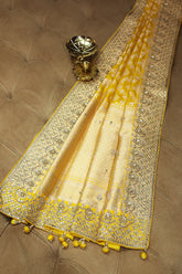 Yellow Banarasi Silk Traditional Woven Saree with Zardosi Gota Work - yellow silk saree