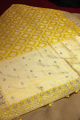 Yellow Banarasi Silk Traditional Woven Saree with Zardosi Gota Work - yellow silk saree