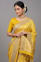 Yellow Banarasi Silk Traditional Woven Saree with Zardosi Gota Work - yellow silk saree