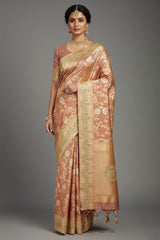 Dusty Peach Banarasi Silk Floral Woven Saree with Gota and Beads Work