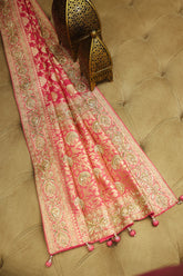 Rose Pink Banarasi Silk Traditional Floral Woven Saree with Beads and Zardosi Work - pink silk saree