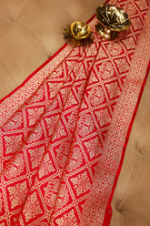 Red Banarasi Silk Traditional Checks Woven Saree - red silk saree