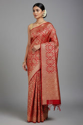 Red Banarasi Silk Traditional Checks Woven Saree