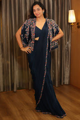 Navy Blue Crepe Silk Readymade Saree with Sequin Beaded Cape Jacket
