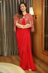 Red Crepe Silk Readymade Saree with Cape Jacket - red silk saree
