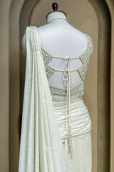 Off White Imported Lycra Readymade Saree with Cutdana and Diamond Work - white saree