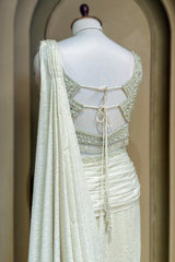 Off White Imported Lycra Readymade Saree with Cutdana and Diamond Work - white saree