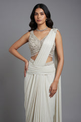 Off White Imported Lycra Readymade Saree with Cutdana and Diamond Work - white saree
